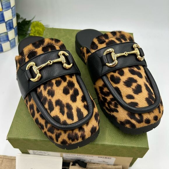 Women’s Gucci, leopard print leather mules size 39.5 made in Italy